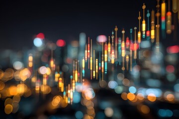 Analyzing Stock Market Data on Screen with Cityscape Bokeh Background. MZ 
