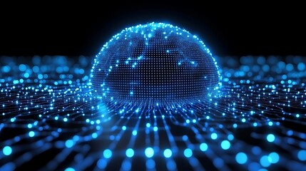Digital sphere network against a dark background.