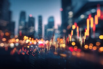 Analyzing Stock Market Data on Screen with Cityscape Bokeh Background. MZ 