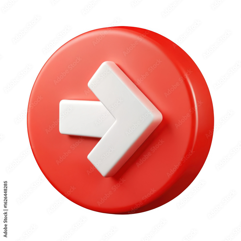 Poster red circular button with a white arrow pointing to the right isolated on transparent background