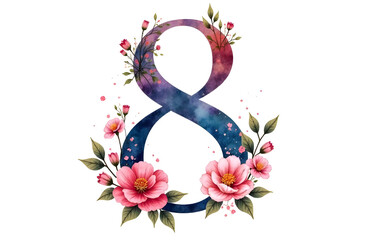 Number eight in watercolor style with pink blossoms and green leaves on white background, symbolizing elegance and floral decoration