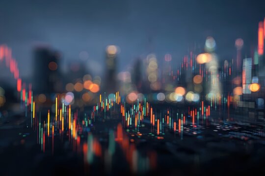 Analyzing Stock Market Data on Screen with Cityscape Bokeh Background. MZ