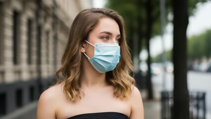 A young woman wearing a blue medical face mask walks down a city street, looking to the side with a thoughtful expression