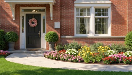 Naklejka premium Well-maintained house exterior with brick, gray roof, white window frame, vibrant flowers, red, yellow, pink hues, pink wreath on front door. Clear blue sky, sunshine, shadows on house and garden.