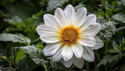 Fototapeta premium elegant white flower displaying delicate petals and a vibrant yellow center surrounded by deep green foliage in natural outdoor setting