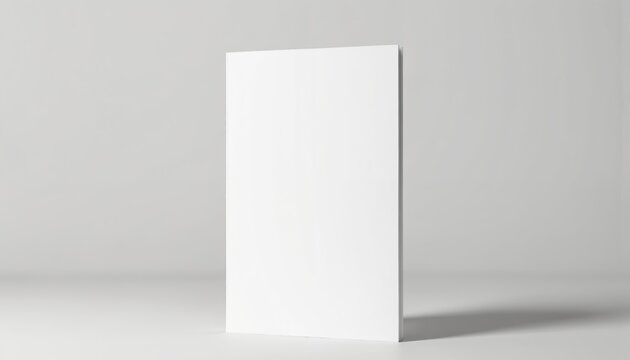 Photorealistic A5 book mockup with softcover standing upright on gray background. Minimalist composition with white block on white surface. Book cover design template for publishing, marketing