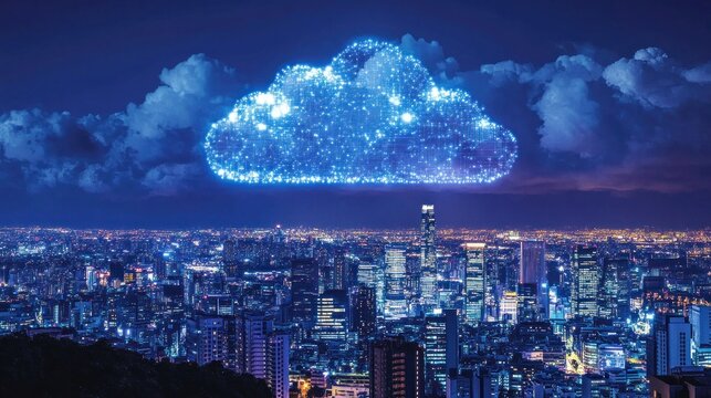 Digital cloud over a vibrant city at night