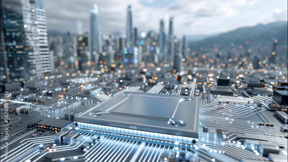 Poster close-up view of illuminated circuitry on a chip with a futuristic cityscape background