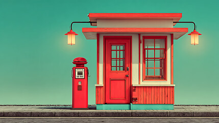 Obraz premium Retro gas station with vintage pump and bright teal sky