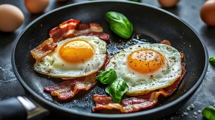 Delicious fried eggs and crispy bacon breakfast with fresh basil - perfect
