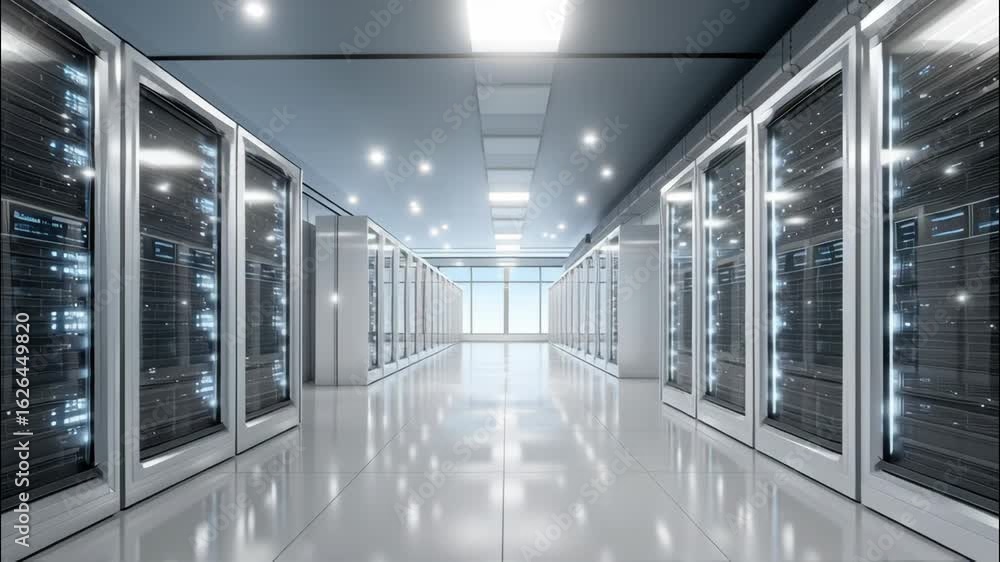 Poster dramatic photorealistic image of an empty brightly lit data center aisle with modern server racks