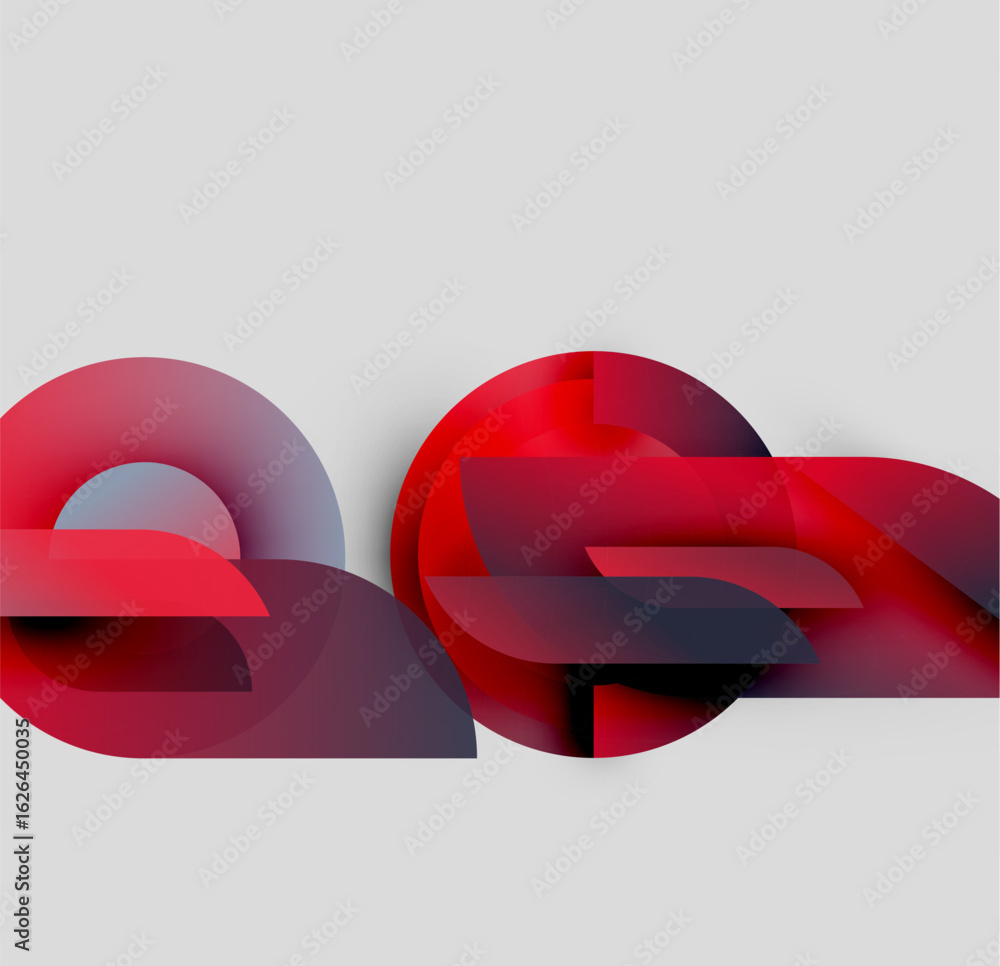 Poster abstract red shapes overlap, creating dynamic composition. smooth gradients suggest depth, modern de