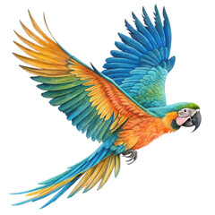 Fototapeta premium Vibrant blue and yellow macaw parrot in full flight isolated on transparent background
