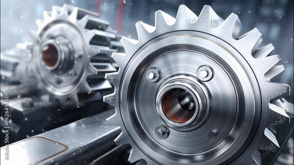 Poster photorealistic macro shot of intricate gears in dynamic industrial environment with hints of machine