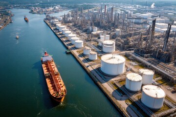 Aerial View of Oil Refinery with Storage Tanks and Docked Tanker. MZ 