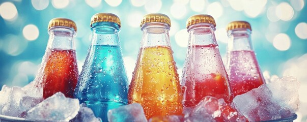 Colorful soda bottles with water droplets on ice, capturing a vibrant summer Refreshing in ice