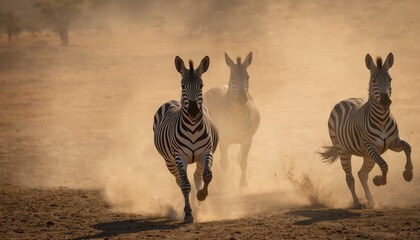 Obraz premium Group of three zebras in mid-stride on dry, dusty savanna ground. Black and white stripes contrast with terrain, strong, agile bodies, smoky haze from nearby fire.
