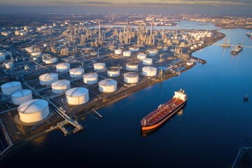 Aerial View of Oil Refinery with Storage Tanks and Docked Tanker. MZ 
