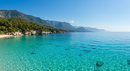 Tropical Mountain Coastline with Crystal Clear Blue Water&mdash;Idyllic Beach and Scenic Nature Landscape

