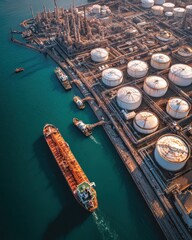 Aerial View of Oil Refinery with Storage Tanks and Docked Tanker. MZ 