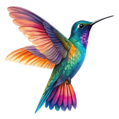 Fototapeta premium Vibrant iridescent hummingbird in flight with colorful wings isolated on transparent background
