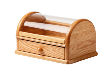 Light-colored wooden box with a clear glass top and a drawer