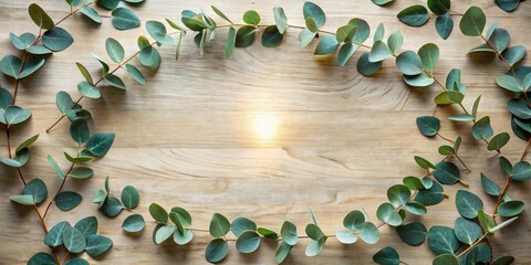 Lush Greenery Forming a Circular Frame on a Light Wooden Surface, Perfect for Elegant Design or Botanical Themed Projects