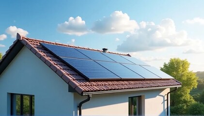 Fototapeta premium Solar Panels on Roof of Modern House