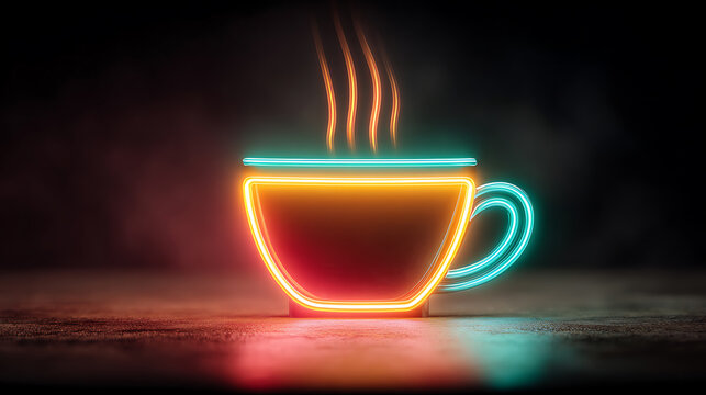 Vibrant neon coffee cup illustration with steam effect