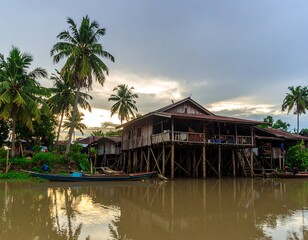 Fototapeta premium Serene view of a rustic stilt house surrounded by palm trees along a river in a tropical village at dusk