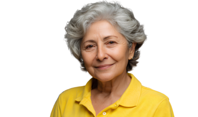 Elderly Latina Woman with Gray Hair Smiling Gently, Front Portrait in Yellow Polo Shirt, Isolated on Transparent Background