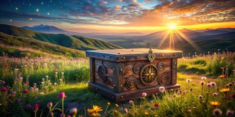 A weathered wooden chest sits atop a verdant hill, bathed in the golden light of a breathtaking sunrise, wildflowers blooming around it, a scene of serene beauty and untold stories.