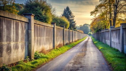 Serene autumnal road flanked by a long concrete wall, bathed in the golden light of sunrise
