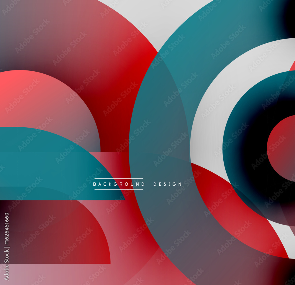 Poster abstract geometric shapes overlap. red, teal, gray, white colors blend creating dynamic visual effec