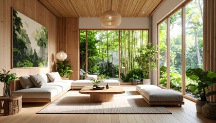Fototapeta premium Bright Living Room with Bamboo Garden View and Natural Wood Accents