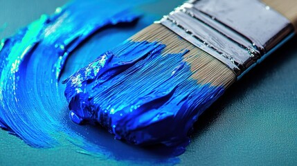 Fototapeta premium Brush loaded with rich blue paint rests against a textured canvas, inspiring creativity