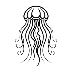 Elegant black and white line drawing of a stylized jellyfish with flowing tentacles