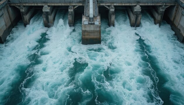 Large concrete dam with multiple arches supports network of pipes. River flows around dam, water rushes over, creating dynamic scene from aerial view.
