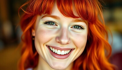 Fototapeta premium Joyful redhead, vibrant smile, close-up portrait, shadow, mirth