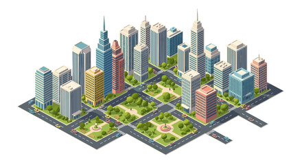 Isometric Cityscape with Modern Skyscrapers and Green Parks