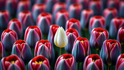 Fototapeta premium White Tulip Standing Out – Unique Bloom Among Dark Magenta Flowers