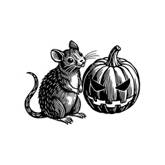 Detailed black and white illustration of a small mouse standing beside a spooky carved Halloween pumpkin.