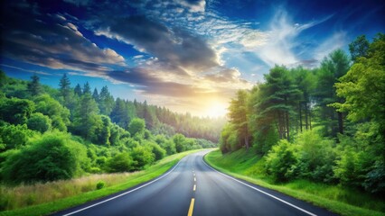 Asphalt road curving through lush green forest under a vibrant sunset sky, offering a scenic drive and a sense of journey and adventure