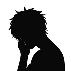 Silhouette of a young anime style man with messy hair looking down thoughtfully © MDMINTU