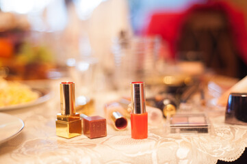 Colorful collection of makeup products