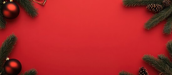 Red Christmas background featuring festive red ornaments and a Christmas tree