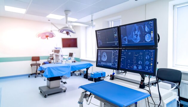 Brightly lit operating room with surgical table, monitors displaying medical scans, and sterile environment - Powered by Adobe