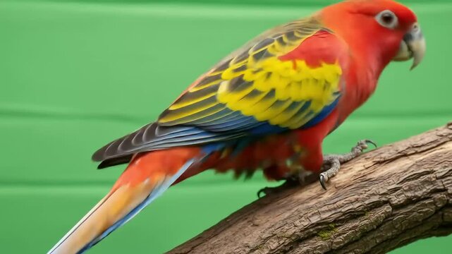 vibrant rosella bird perched on branch green background