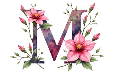 Decorative letter M with pink blooming flowers and green leaves, watercolor style on white background. Concept of floral monogram design