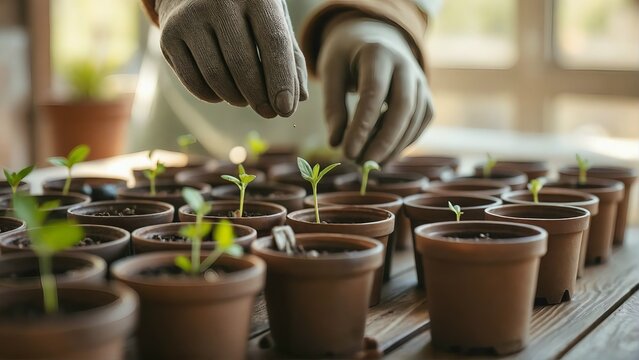 Starting seeds indoors planting seedlings in pots for spring gardening and growing vegetables at home